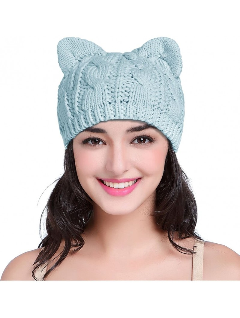 Skullies & Beanies Women Men Girls Boys Teens Cute Cat Ear Knit Cable Rib Hat Cap Beanie - Kitten Blue - CJ18785E3TD $13.35