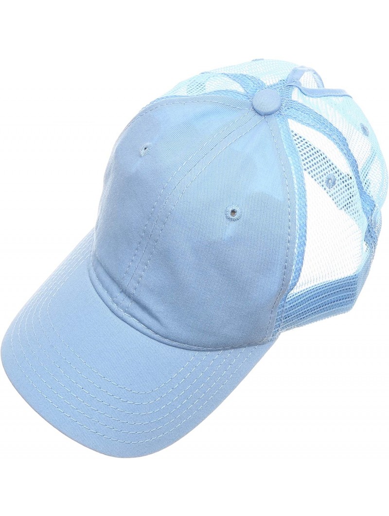 Baseball Caps Women's Ponytail Messy High Bun Hat Ponycap Plain Washed Cotton Mesh Trucker Baseball Cap - Sky Blue - CV18OSXG...