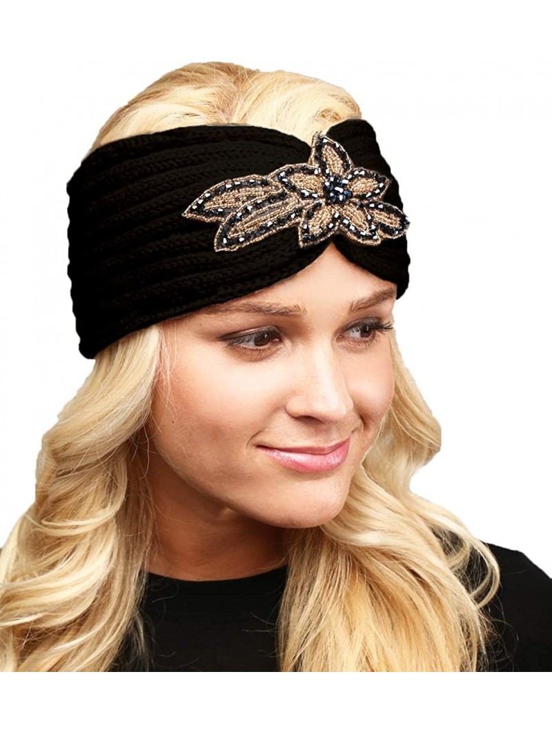 Cold Weather Headbands Women's Winter Soft Warm Knit Head Band Ear Warmer Head Wrap - Flower Sequin - Black - CY18IOMQTQ8 $11.15