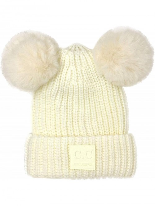 Skullies & Beanies Winter Cute 2Pom Pom Ears 2tone Soft Warm Thick Chunky Knit Beanie Hat - Solid Ivory W/ Fur - CZ18YTDS3U6 ...