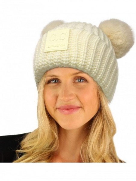 Skullies & Beanies Winter Cute 2Pom Pom Ears 2tone Soft Warm Thick Chunky Knit Beanie Hat - Solid Ivory W/ Fur - CZ18YTDS3U6 ...