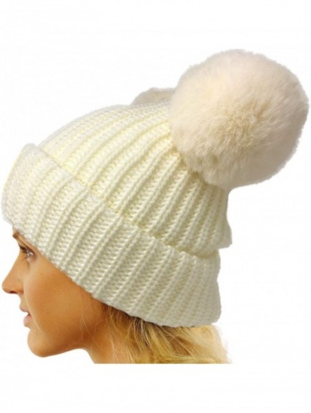 Skullies & Beanies Winter Cute 2Pom Pom Ears 2tone Soft Warm Thick Chunky Knit Beanie Hat - Solid Ivory W/ Fur - CZ18YTDS3U6 ...