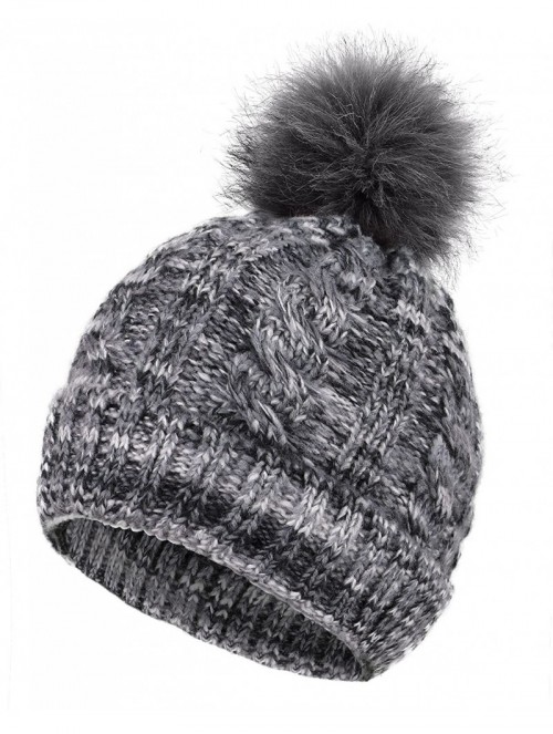 Skullies & Beanies Women's Ultra-Soft Faux Fur Pompom Multicolor Knit Winter Beanie - Mix Grey With Sherpalining - CO188U5AYW...