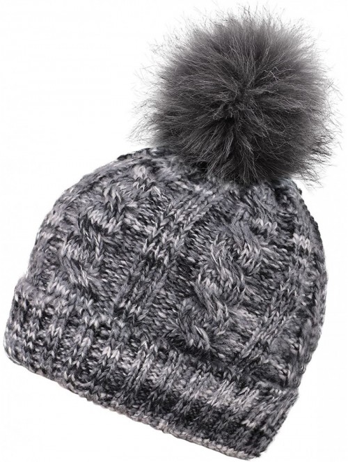 Skullies & Beanies Women's Ultra-Soft Faux Fur Pompom Multicolor Knit Winter Beanie - Mix Grey With Sherpalining - CO188U5AYW...