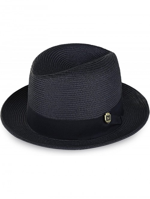 Fedoras Braided Straw Flat Brim Center Crease Fedora Hat with Matching Grosgrain Band H-57 - Navy - C818G8UD389 $46.29