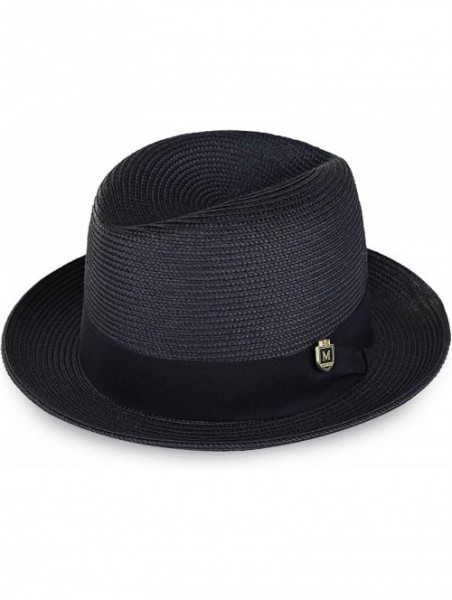 Fedoras Braided Straw Flat Brim Center Crease Fedora Hat with Matching Grosgrain Band H-57 - Navy - C818G8UD389 $46.29