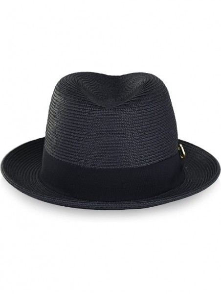 Fedoras Braided Straw Flat Brim Center Crease Fedora Hat with Matching Grosgrain Band H-57 - Navy - C818G8UD389 $46.29