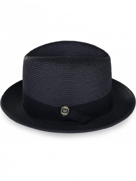 Fedoras Braided Straw Flat Brim Center Crease Fedora Hat with Matching Grosgrain Band H-57 - Navy - C818G8UD389 $46.29