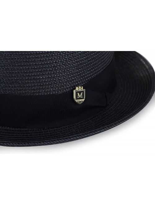 Fedoras Braided Straw Flat Brim Center Crease Fedora Hat with Matching Grosgrain Band H-57 - Navy - C818G8UD389 $46.29