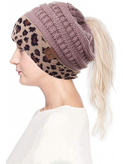 Skullies & Beanies Women Classic Solid Color with Leopard Cuff Ponytail Messy Bun Beanie Skull Cap - Taupe - CH18K0M0QRG $16.76