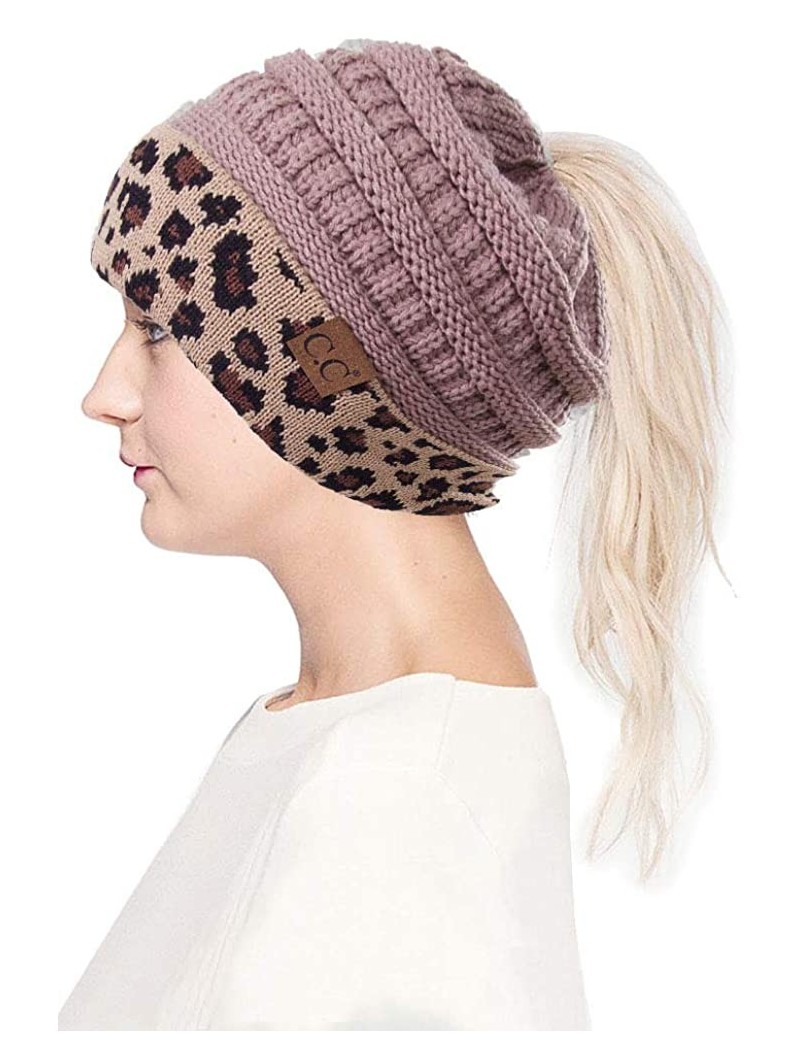 Skullies & Beanies Women Classic Solid Color with Leopard Cuff Ponytail Messy Bun Beanie Skull Cap - Taupe - CH18K0M0QRG $16.76