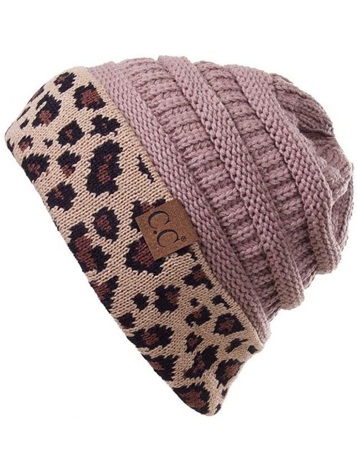 Skullies & Beanies Women Classic Solid Color with Leopard Cuff Ponytail Messy Bun Beanie Skull Cap - Taupe - CH18K0M0QRG $16.76