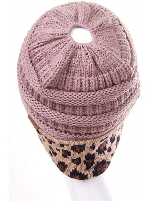 Skullies & Beanies Women Classic Solid Color with Leopard Cuff Ponytail Messy Bun Beanie Skull Cap - Taupe - CH18K0M0QRG $16.76