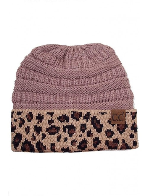 Skullies & Beanies Women Classic Solid Color with Leopard Cuff Ponytail Messy Bun Beanie Skull Cap - Taupe - CH18K0M0QRG $16.76