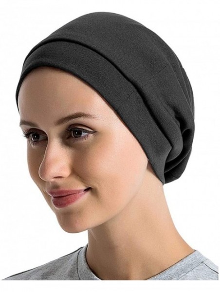 Skullies & Beanies Satin Lined Sleep Cap Cotton Slap Hat Slouchy Beanie Night Bonnet - Dark Gray - C118XHTZUQZ $13.57