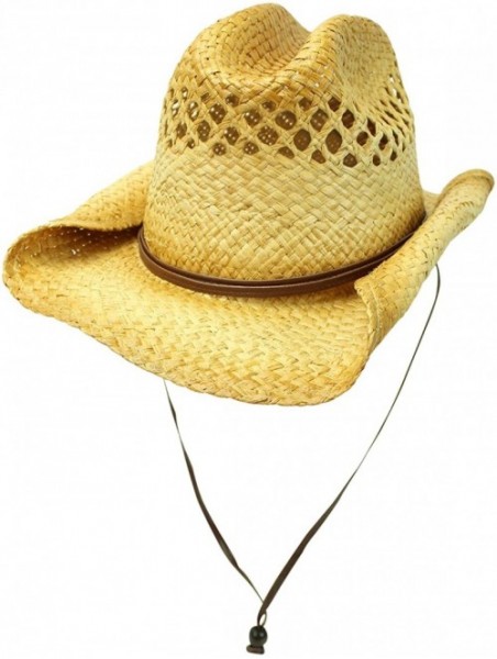 Cowboy Hats Vented Rocker Style Bended Brim Distressed Straw Cowboy Hat with Chin Cord - CP111OSXWD1 $32.60