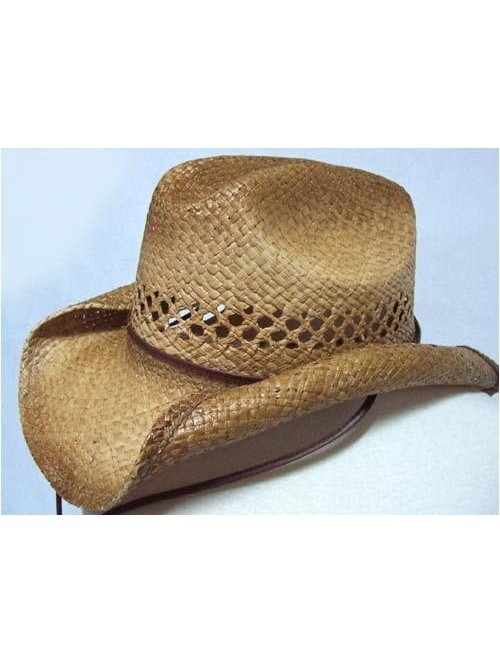 Cowboy Hats Vented Rocker Style Bended Brim Distressed Straw Cowboy Hat with Chin Cord - CP111OSXWD1 $32.60