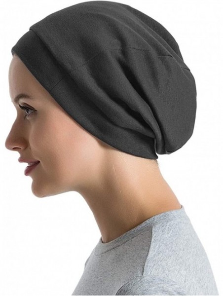 Skullies & Beanies Satin Lined Sleep Cap Cotton Slap Hat Slouchy Beanie Night Bonnet - Dark Gray - C118XHTZUQZ $13.57