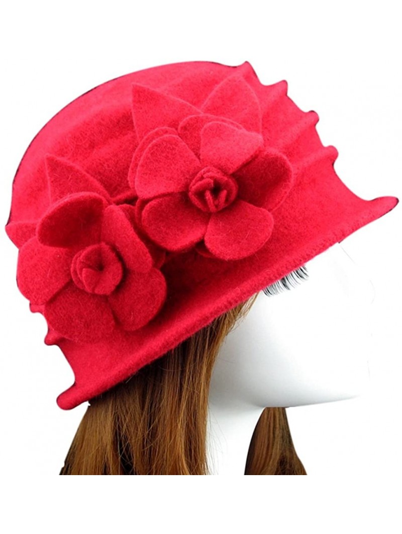 Skullies & Beanies Women 100% Wool Felt Round Top Cloche Hat Fedoras Trilby with Bow Flower - A5 Red - CW188A65AT0 $22.01