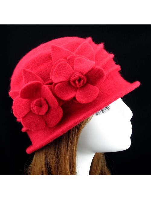 Skullies & Beanies Women 100% Wool Felt Round Top Cloche Hat Fedoras Trilby with Bow Flower - A5 Red - CW188A65AT0 $22.01