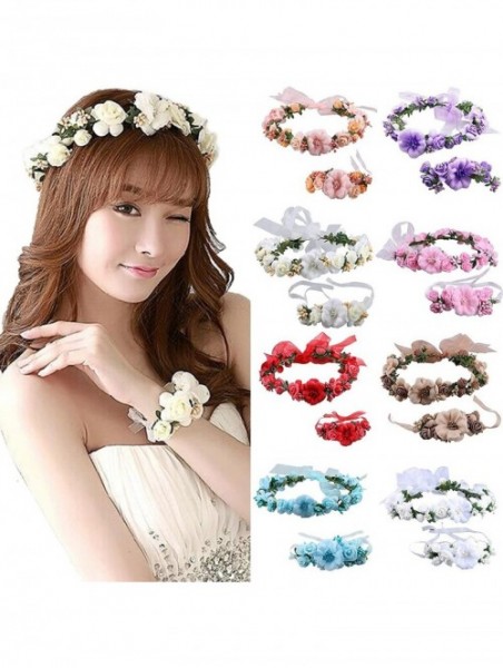 Headbands Rose Flower Crown Wreath Wedding Headband Wrist Band Set - Pink - CV17YZG76H6 $17.21