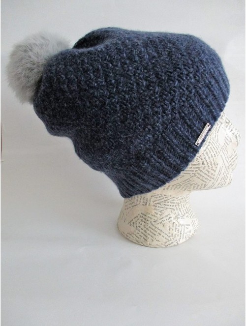 Skullies & Beanies 95% Cashmere Hat with Detachable Rabbit Fur Pom CSH994R - Navy Blue - CW186LLYCW3 $51.84