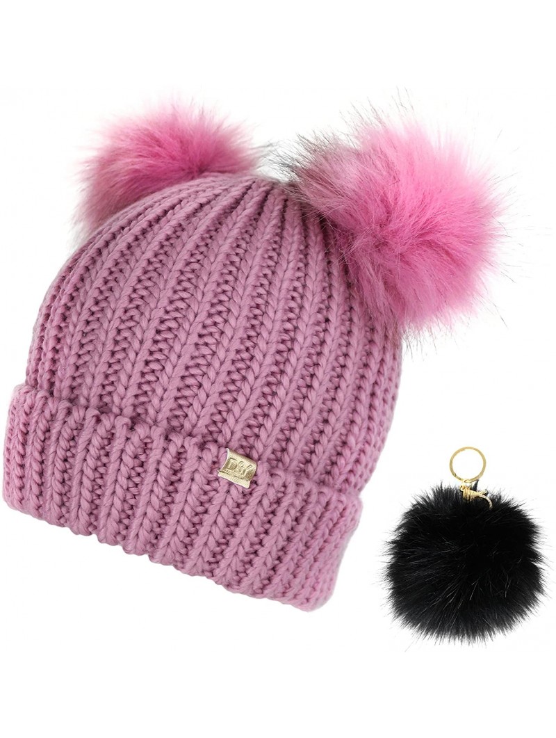 Skullies & Beanies Trendy Cuff Winter Chunky Knit Beanie Hat with Double Faux Fur Pom Pom Bear Ears & Key Chain - Dusty Rose ...