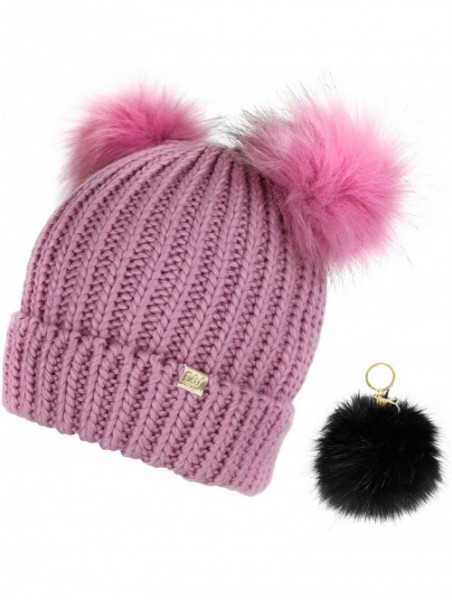 Skullies & Beanies Trendy Cuff Winter Chunky Knit Beanie Hat with Double Faux Fur Pom Pom Bear Ears & Key Chain - Dusty Rose ...