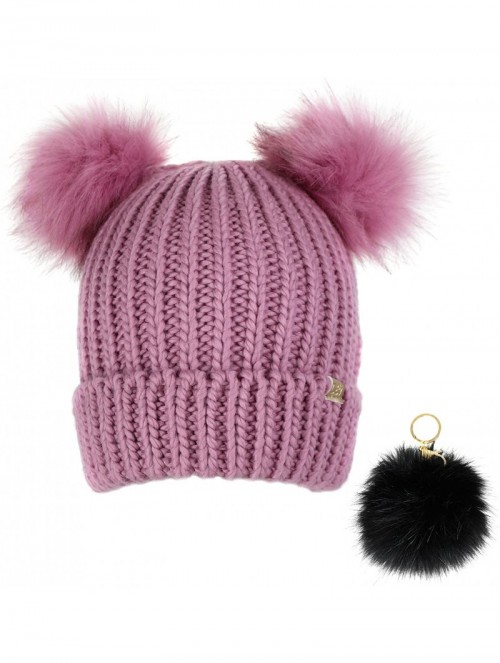 Skullies & Beanies Trendy Cuff Winter Chunky Knit Beanie Hat with Double Faux Fur Pom Pom Bear Ears & Key Chain - Dusty Rose ...