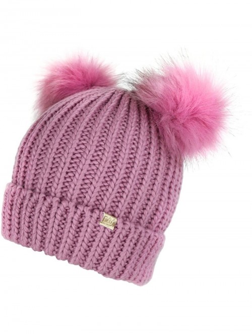 Skullies & Beanies Trendy Cuff Winter Chunky Knit Beanie Hat with Double Faux Fur Pom Pom Bear Ears & Key Chain - Dusty Rose ...