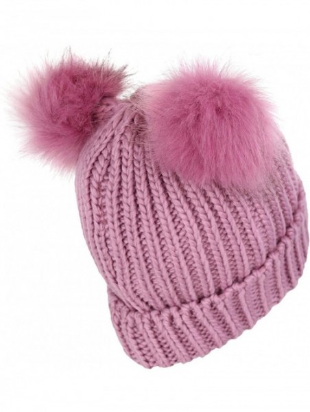 Skullies & Beanies Trendy Cuff Winter Chunky Knit Beanie Hat with Double Faux Fur Pom Pom Bear Ears & Key Chain - Dusty Rose ...