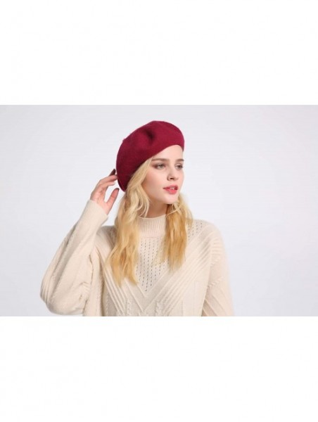 Berets Berets for Women Wool French Beanies Hat Solid Color Lightweight Casual - Wine - CB18KZCNAG3 $14.98