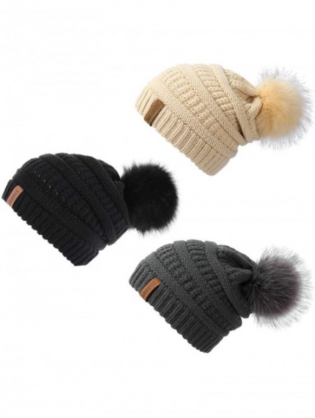 Skullies & Beanies Women Knit Beanie hat with Faux Fur Pom Pom Hats Thick Soft Warm Slouchy Chunky Baggy Ski Cap for Lady - C...