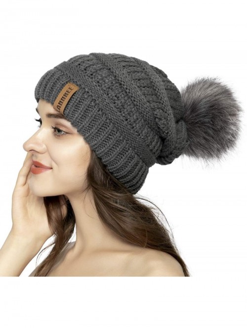 Skullies & Beanies Women Knit Beanie hat with Faux Fur Pom Pom Hats Thick Soft Warm Slouchy Chunky Baggy Ski Cap for Lady - C...