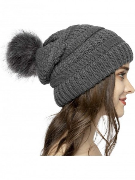 Skullies & Beanies Women Knit Beanie hat with Faux Fur Pom Pom Hats Thick Soft Warm Slouchy Chunky Baggy Ski Cap for Lady - C...