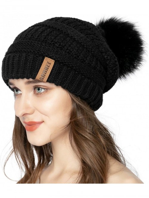 Skullies & Beanies Women Knit Beanie hat with Faux Fur Pom Pom Hats Thick Soft Warm Slouchy Chunky Baggy Ski Cap for Lady - C...