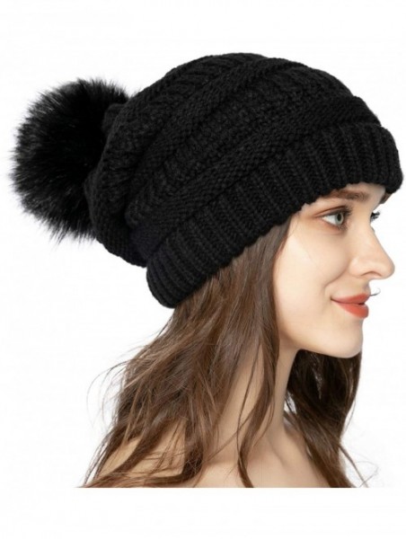 Skullies & Beanies Women Knit Beanie hat with Faux Fur Pom Pom Hats Thick Soft Warm Slouchy Chunky Baggy Ski Cap for Lady - C...