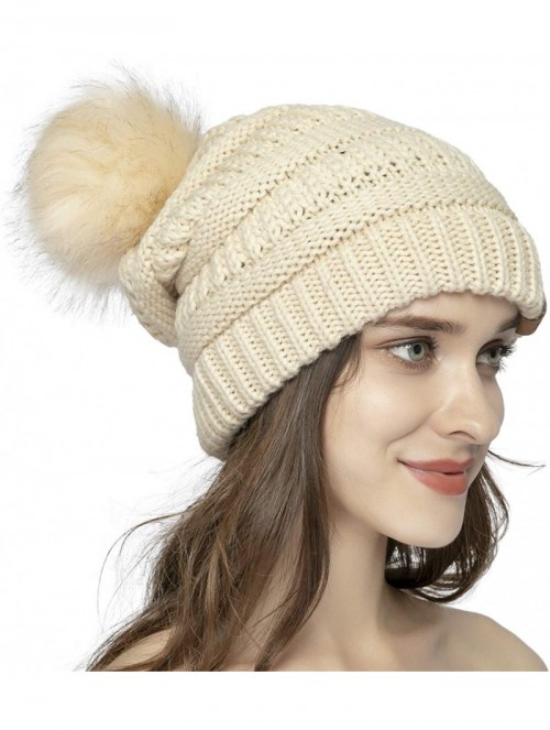 Skullies & Beanies Women Knit Beanie hat with Faux Fur Pom Pom Hats Thick Soft Warm Slouchy Chunky Baggy Ski Cap for Lady - C...