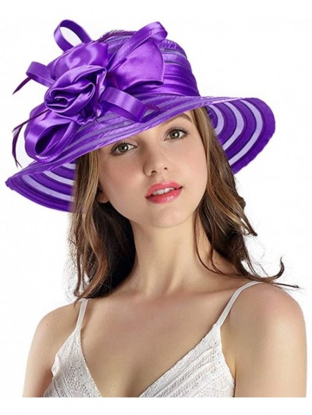 Bucket Hats Women's Big Floral Fascinator Kentucky Derby Church Floppy Wide Brim Cloche Bucket Hat - Purple - CH11S1HI69D $28.16