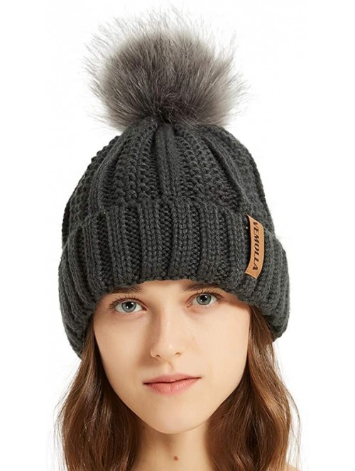 Skullies & Beanies Women Thick Cable Knit Faux Fuzzy Fur Pom Winter Skull Cap Cuff Beanie - Dark Grey - CK18A52IDXY $12.87