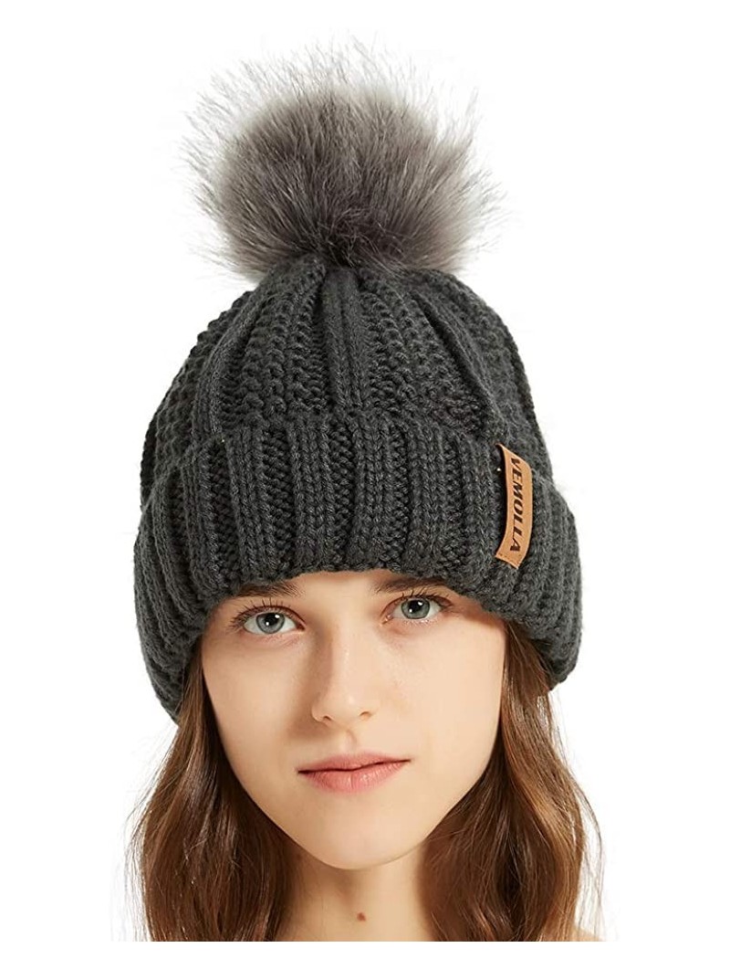 Skullies & Beanies Women Thick Cable Knit Faux Fuzzy Fur Pom Winter Skull Cap Cuff Beanie - Dark Grey - CK18A52IDXY $12.87