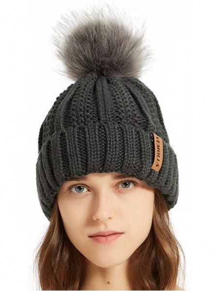 Skullies & Beanies Women Thick Cable Knit Faux Fuzzy Fur Pom Winter Skull Cap Cuff Beanie - Dark Grey - CK18A52IDXY $12.87