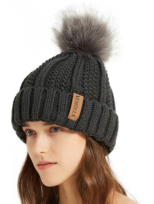 Skullies & Beanies Women Thick Cable Knit Faux Fuzzy Fur Pom Winter Skull Cap Cuff Beanie - Dark Grey - CK18A52IDXY $12.87