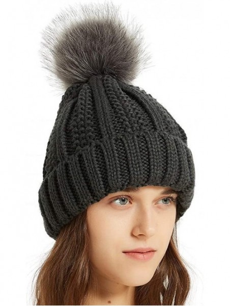 Skullies & Beanies Women Thick Cable Knit Faux Fuzzy Fur Pom Winter Skull Cap Cuff Beanie - Dark Grey - CK18A52IDXY $12.87