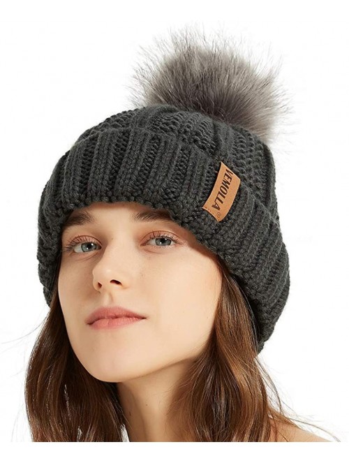 Skullies & Beanies Women Thick Cable Knit Faux Fuzzy Fur Pom Winter Skull Cap Cuff Beanie - Dark Grey - CK18A52IDXY $12.87