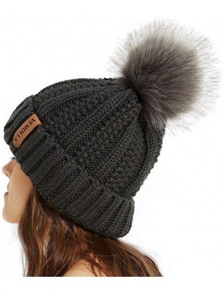 Skullies & Beanies Women Thick Cable Knit Faux Fuzzy Fur Pom Winter Skull Cap Cuff Beanie - Dark Grey - CK18A52IDXY $12.87