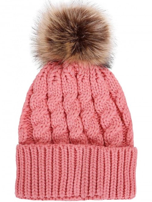 Skullies & Beanies Women's Winter Soft Chunky Cable Knit Pom Pom Beanie Hats Skull Ski Cap - Pink - CP188ATXA8M $16.36