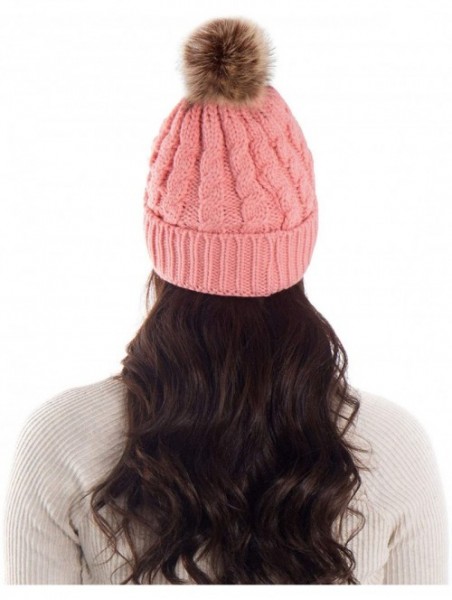 Skullies & Beanies Women's Winter Soft Chunky Cable Knit Pom Pom Beanie Hats Skull Ski Cap - Pink - CP188ATXA8M $16.36