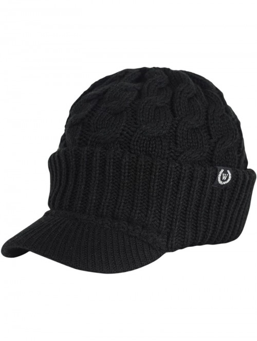 Skullies & Beanies Winter Newsboy Cable Knitted Visor Beanie Bill Winter Warm Hat - Black - CI11PRX1AYV $12.42