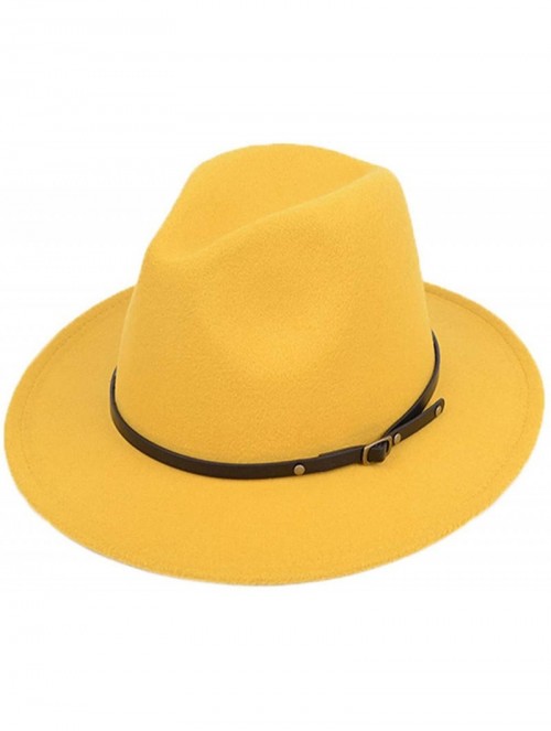 Fedoras Women Lady Vintage Retro Wide Brim Wool Fedora Hat Panama Cap with Belt Buckle - Yellow - CK18A732MZ8 $15.16